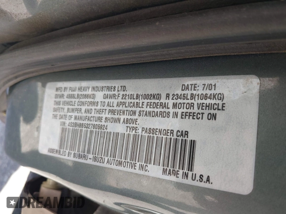 2002 Subaru Legacy Outback with VIN 4S3BH665327605924, listed as a IAAI auction lot 42175046 with 200,857 mi miles and . Bid and sale history available at DreamBid. Image 9.
