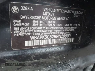 2011 BMW 3 Series 328i xDrive with VIN WBAPK5G52BNN29900, listed as a IAAI auction lot 41441074 with 148,646 mi miles. Bid and sale history available at carsss.com. Image 9.
