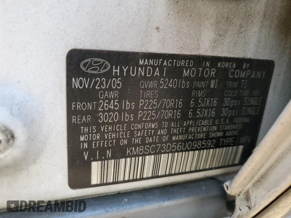 2006 Hyundai Santa Fe GLS with VIN KM8SC73D56U098592, listed as a Copart auction lot 53547375 with 189,269 mi miles and Salvage Title. Bid and sale history available at carsss.com. Image 13.