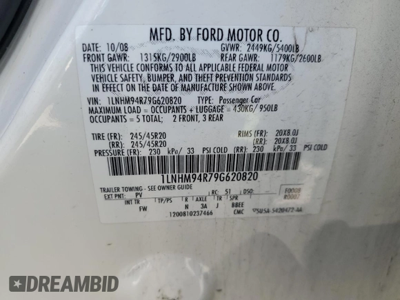 2009 Lincoln MKS with VIN 1LNHM94R79G620820, listed as a Copart auction lot 49594165 with 166,163 mi miles and Salvage Title. Bid and sale history available at DreamBid. Image 14.