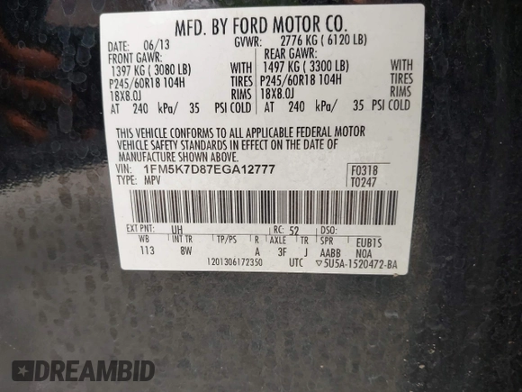 2014 Ford Explorer XLT with VIN 1FM5K7D87EGA12777, listed as a IAAI auction lot 42475476 with 124,095 mi miles and . Bid and sale history available at DreamBid. Image 9.