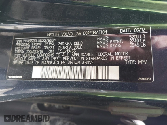 2013 Volvo XC60 3.2L с VIN YV4952DL9D2379001, выставлен на аукционе IAAI как лот 42500637 с пробегом 225 031 миль миль и . История ставок и продаж доступна на DreamBid. Изображение 9.