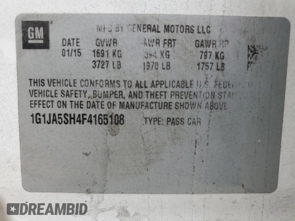 2015 Chevrolet Sonic LS with VIN 1G1JA5SH4F4165108, listed as a Copart auction lot 57299985 with 117,669 mi miles and Clean title. Bid and sale history available at DreamBid. Image 12.
