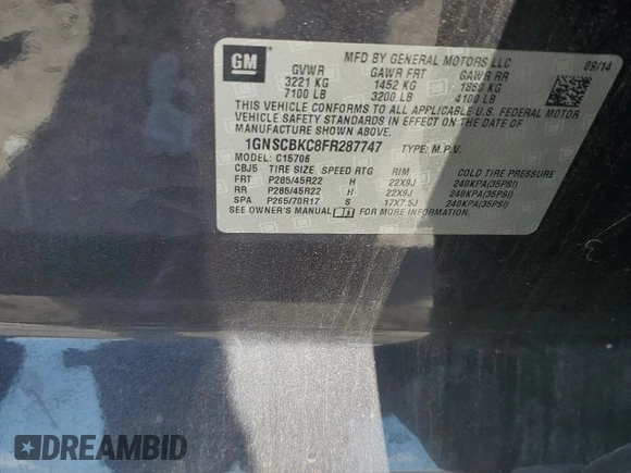 2015 Chevrolet Tahoe LT with VIN 1GNSCBKC8FR287747, listed as a Copart auction lot 62054665 with 201,691 mi miles and Salvage title. Bid and sale history available at DreamBid. Image 12.