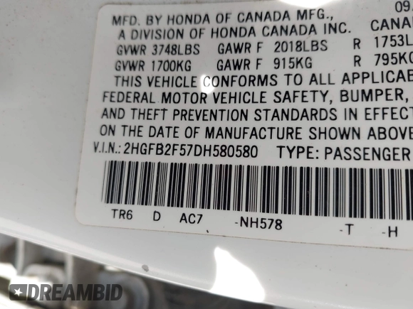 2013 Honda Civic LX with VIN 2HGFB2F57DH580580, listed as a IAAI auction lot 41673421 with 148,675 mi miles and . Bid and sale history available at DreamBid. Image 9.