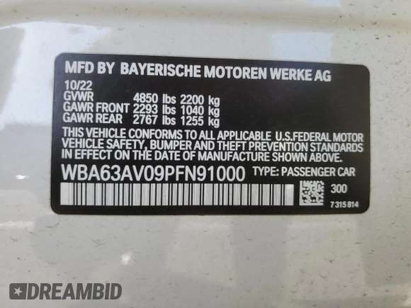 2023 BMW 4 Series 430i with VIN WBA63AV09PFN91000, listed as a Copart auction lot 46491385 with 3,372 mi miles and Salvage title. Bid and sale history available at DreamBid. Image 12.