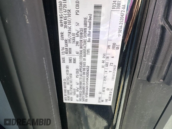 2017 Ford Transit Passenger XL with VIN 1FBVU4XG1HKA50432, listed as a Copart auction lot 83802734 with 144,324 mi miles and Clean Title. Bid and sale history available at DreamBid. Image 10.