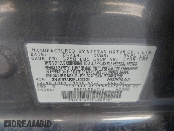2015 Nissan Versa SV with VIN 3N1CN7AP2FL802924, listed as a IAAI auction lot 41960090 with 163,757 mi miles. Bid and sale history available at carsss.com. Image 9.