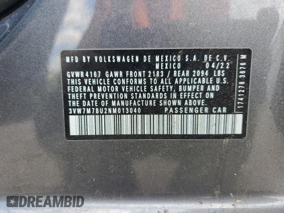 2022 Volkswagen Jetta SE with VIN 3VW7M7BU2NM013040, listed as a Copart auction lot 56342075 with 31,171 mi miles and Salvage title. Bid and sale history available at DreamBid. Image 13.