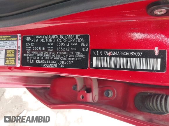 2012 Kia Rio LX with VIN KNADM4A36C6085057, listed as a IAAI auction lot 42111921 with 136,217 mi miles. Bid and sale history available at carsss.com. Image 9.