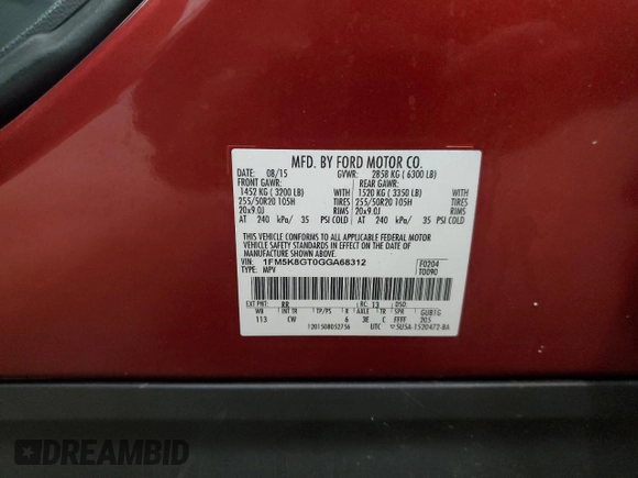 2016 Ford Explorer Sport with VIN 1FM5K8GT0GGA68312, listed as a Copart auction lot 51219855 with 87,337 mi miles and Salvage Title. Bid and sale history available at carsss.com. Image 13.