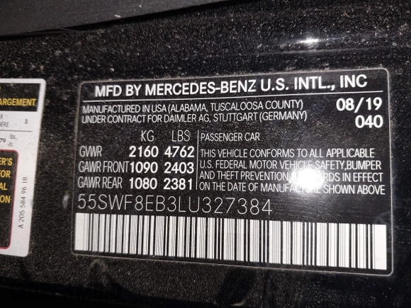 2020 Mercedes-Benz C 300 with VIN 55SWF8EB3LU327384, listed as a IAAI auction lot 41205127 with 40,896 mi miles and . Bid and sale history available at DreamBid. Image 9.