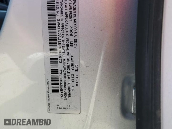 2011 Volkswagen Jetta Sedan S with VIN 3VW1K7AJ1BM044973, listed as a Copart auction lot 62353444 with 0 mi miles and Salvage Title. Bid and sale history available at carsss.com. Image 12.