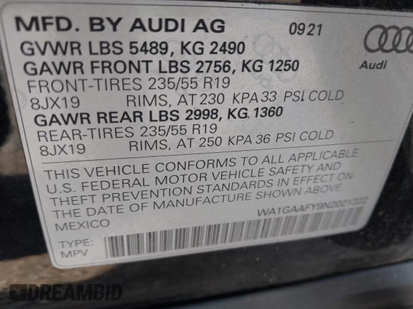 2022 Audi Q5 S line Premium with VIN WA1GAAFY9N2021322, listed as a IAAI auction lot 42119054 with 31,863 mi miles and . Bid and sale history available at DreamBid. Image 9.