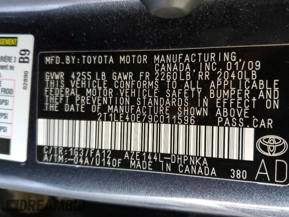 2009 Toyota Matrix S with VIN 2T1LE40E79C011596, listed as a Copart auction lot 60873695 with 207,692 mi miles and Salvage title. Bid and sale history available at DreamBid. Image 12.