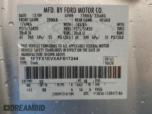 2010 Ford F-150 XL with VIN 1FTFX1EVXAFB17244, listed as a Copart auction lot 50025515 with 0 mi miles and Clean Title. Bid and sale history available at carsss.com. Image 13.