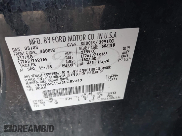 2003 Ford F-250 XL с VIN 1FTNW21S33EC82240, выставлен на аукционе IAAI как лот 40678011 с пробегом 142 865 миль миль и . История ставок и продаж доступна на DreamBid. Изображение 9.