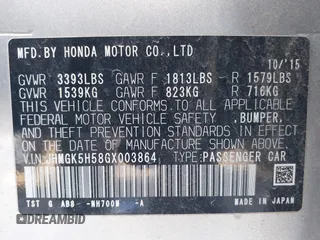 2016 Honda Fit LX with VIN JHMGK5H58GX003864, listed as a IAAI auction lot 41554364 with 258,819 mi miles. Bid and sale history available at carsss.com. Image 9.