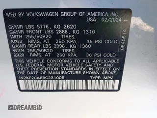 2024 Volkswagen Atlas SE with VIN 1V2KE2CA8RC231006, listed as a IAAI auction lot 41741151 with 15,291 mi miles and . Bid and sale history available at DreamBid. Image 9.