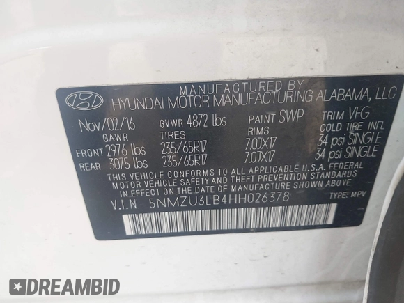 2017 Hyundai Santa Fe 2.4L z VIN 5NMZU3LB4HH026378, wystawiony jako IAAI lot #41906997 z przebiegiem 105 777 mil mil oraz . Historia ofert i sprzedaży dostępna na DreamBid. Obrazek 9.