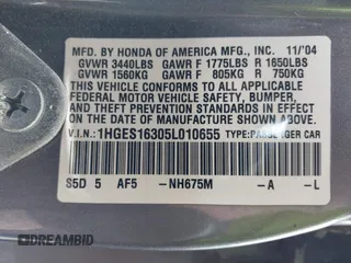 2005 Honda Civic VP with VIN 1HGES16305L010655, listed as a IAAI auction lot 41672395 with 181,899 mi miles and . Bid and sale history available at carsss.com. Image 9.