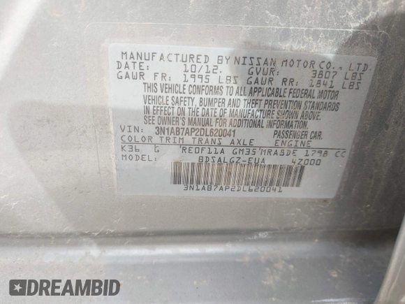 2013 Nissan Sentra SR z VIN 3N1AB7AP2DL620041, wystawiony jako IAAI lot #41720964 z przebiegiem 82 816 mil mil oraz . Historia ofert i sprzedaży dostępna na DreamBid. Obrazek 9.