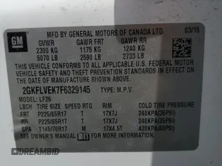 2015 GMC Terrain SLE с VIN 2GKFLVEK7F6329145, выставлен на аукционе Copart как лот 60779095 с пробегом 105 915 миль миль и Чистый • Clean title. История ставок и продаж доступна на DreamBid. Изображение 13.