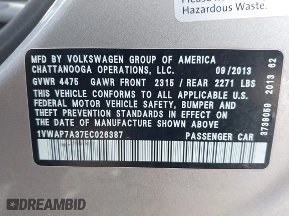 2014 Volkswagen Passat S with VIN 1VWAP7A37EC026387, listed as a IAAI auction lot 42253575 with 227,878 mi miles and . Bid and sale history available at DreamBid. Image 9.