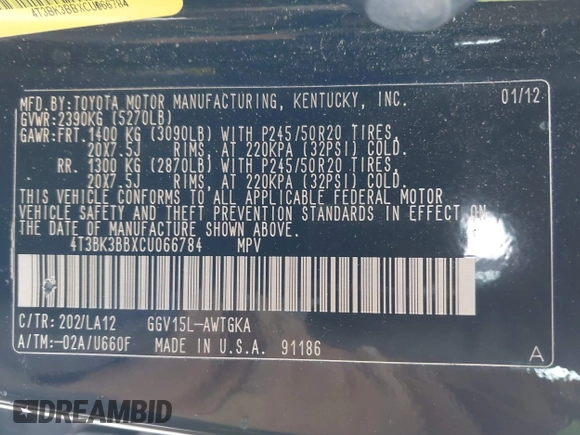 2012 Toyota Venza LE with VIN 4T3BK3BBXCU066784, listed as a IAAI auction lot 41410782 with 232,418 mi miles and . Bid and sale history available at DreamBid. Image 9.