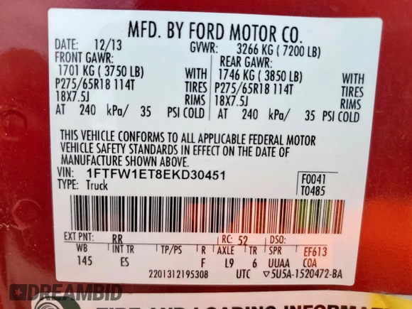 2014 Ford F-150 XL with VIN 1FTFW1ET8EKD30451, listed as a Copart auction lot 54857285 with 154,796 mi miles and Clean Title. Bid and sale history available at carsss.com. Image 12.