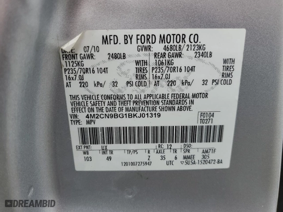 2011 Mercury Mariner with VIN 4M2CN9BG1BKJ01319, listed as a Copart auction lot 48155815 with 130,906 mi miles and Non Repairable. Bid and sale history available at carsss.com. Image 13.