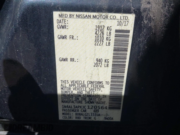 2018 Nissan Altima 2.5 SR with VIN 1N4AL3APXJC120564, listed as a IAAI auction lot 41769315 with 143,587 mi miles. Bid and sale history available at carsss.com. Image 9.