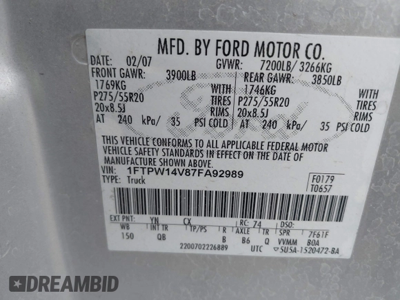 2007 Ford F-150 XLT with VIN 1FTPW14V87FA92989, listed as a IAAI auction lot 42467186 with Not provided miles and . Bid and sale history available at DreamBid. Image 9.