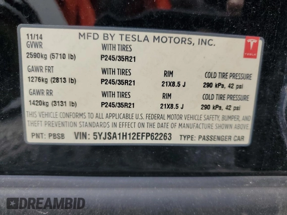 2014 Tesla Model S 60 z VIN 5YJSA1H12EFP62263, wystawiony jako Copart lot #63258675 z przebiegiem Nie podano mil oraz Czysty tytuł • Clean title. Historia ofert i sprzedaży dostępna na DreamBid. Obrazek 12.
