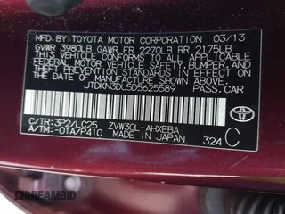 2013 Toyota Prius One with VIN JTDKN3DU5D5625589, listed as a IAAI auction lot 41527206 with 153,411 mi miles. Bid and sale history available at carsss.com. Image 9.