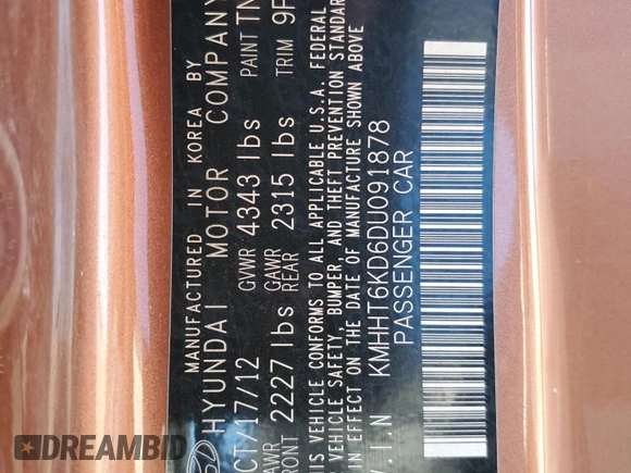 2013 Hyundai Genesis Coupe 2.0T with VIN KMHHT6KD6DU091878, listed as a Copart auction lot 53606815 with 142,441 mi miles and Salvage title. Bid and sale history available at DreamBid. Image 12.