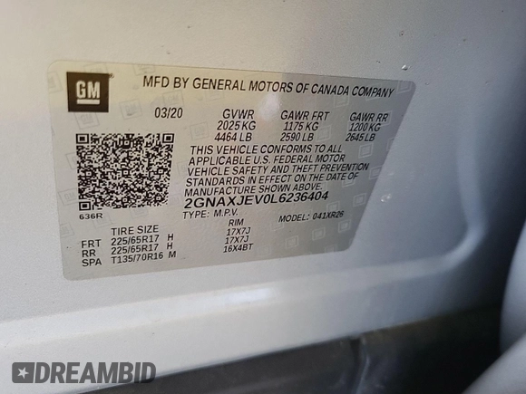 2020 Chevrolet Equinox LT with VIN 2GNAXJEV0L6236404, listed as a IAAI auction lot 42619695 with 77,124 mi miles and . Bid and sale history available at DreamBid. Image 7.