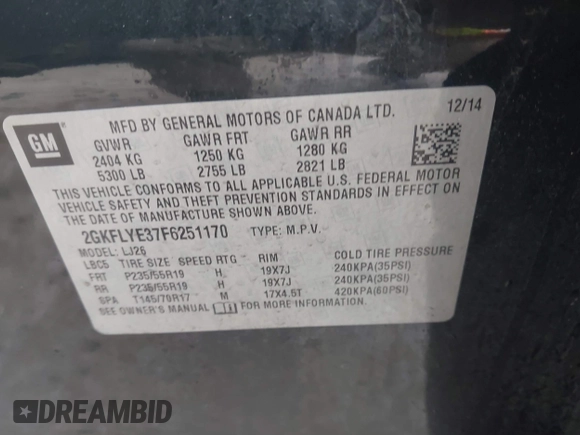 2015 GMC Terrain SLT z VIN 2GKFLYE37F6251170, wystawiony jako IAAI lot #41690412 z przebiegiem 129 756 mil mil oraz . Historia ofert i sprzedaży dostępna na DreamBid. Obrazek 9.