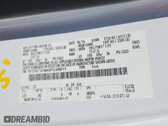 2016 Ford F-150 XL with VIN 1FTMF1C84GFC45611, listed as a Copart auction lot 61551625 with 127,010 mi miles and Salvage title. Bid and sale history available at DreamBid. Image 12.