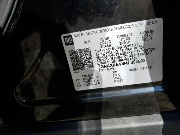 2021 Chevrolet Equinox LT with VIN 3GNAXKEV4ML394893, listed as a Copart auction lot 86862614 with 29,346 mi miles and Salvage Title. Bid and sale history available at DreamBid. Image 15.
