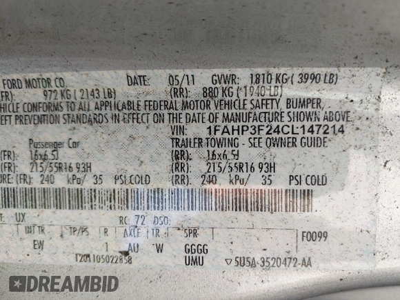 2012 Ford Focus SE with VIN 1FAHP3F24CL147214, listed as a IAAI auction lot 42222191 with 181,461 mi miles and . Bid and sale history available at DreamBid. Image 9.