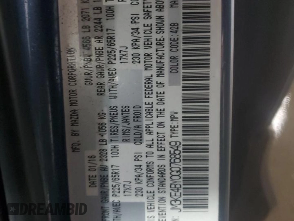 2016 Mazda CX-5 Sport z VIN JM3KE4BY0G0768549, wystawiony jako Copart lot #49923445 z przebiegiem 130 236 mil mil oraz Szkoda całkowita • Salvage title. Historia ofert i sprzedaży dostępna na DreamBid. Obrazek 15.