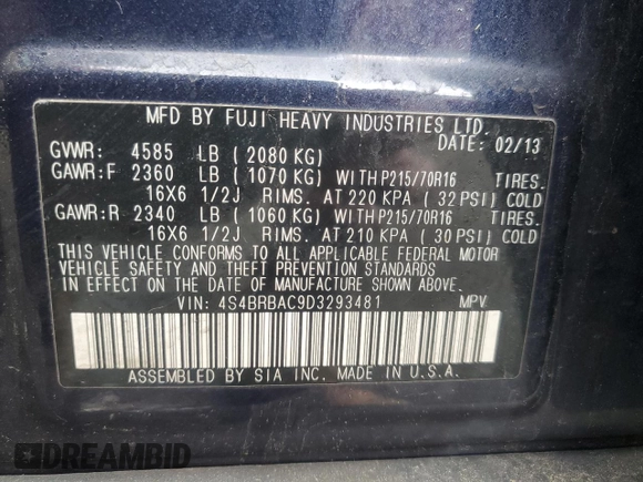 2013 Subaru Outback 2.5i with VIN 4S4BRBAC9D3293481, listed as a Copart auction lot 59121885 with 185,623 mi miles and Clean title. Bid and sale history available at DreamBid. Image 12.