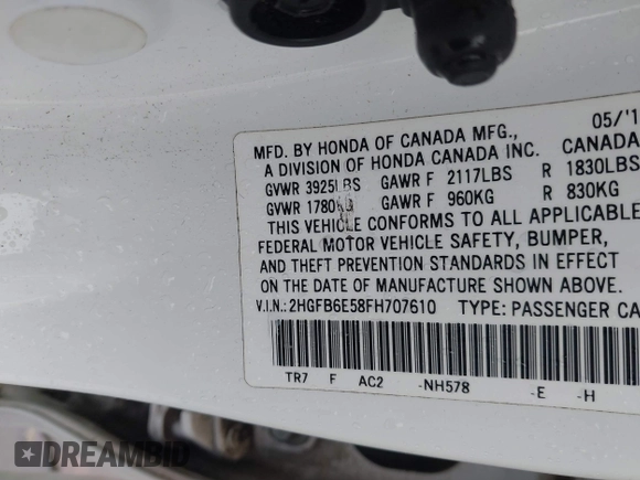 2015 Honda Civic Sedan Si with VIN 2HGFB6E58FH707610, listed as a IAAI auction lot 41420340 with 100,122 mi miles. Bid and sale history available at carsss.com. Image 9.