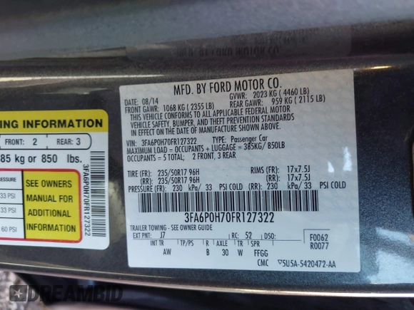 2015 Ford Fusion SE with VIN 3FA6P0H70FR127322, listed as a IAAI auction lot 41607268 with 116,283 mi miles. Bid and sale history available at carsss.com. Image 9.