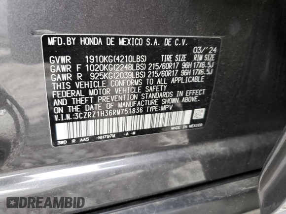 2024 Honda HR-V LX with VIN 3CZRZ1H36RM751836, listed as a Copart auction lot 85011614 with 4,452 mi miles and Salvage Title. Bid and sale history available at DreamBid. Image 16.