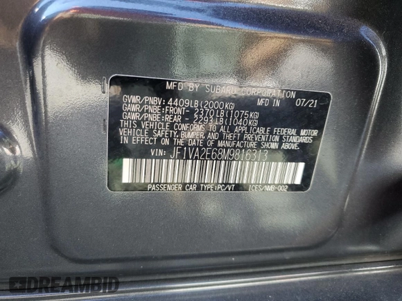 2021 Subaru WRX STI with VIN JF1VA2E68M9816313, listed as a Copart auction lot 44626635 with 0 mi miles and Non Repairable. Bid and sale history available at carsss.com. Image 12.
