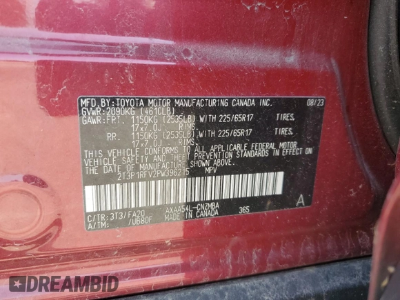 2023 Toyota RAV4 XLE with VIN 2T3P1RFV2PW396215, listed as a Copart auction lot 63398445 with 43,679 mi miles and Salvage title. Bid and sale history available at DreamBid. Image 13.