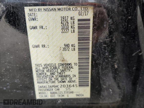 2017 Nissan Altima S with VIN 1N4AL3AP6HC203645, listed as a Copart auction lot 53942935 with 112,319 mi miles and Clean Title. Bid and sale history available at DreamBid. Image 12.