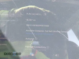 2023 Tesla Model 3 with VIN 5YJ3E1EA7PF673322, listed as a IAAI auction lot 42226767 with 18,367 mi miles and . Bid and sale history available at DreamBid. Image 14.